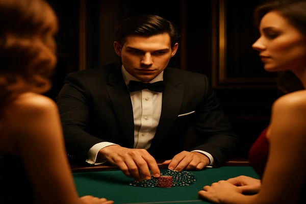 একজন নারী ল্যাপটপে অনলাইন গেম খেলছেন; চারদিকে জ্বলে উঠা আলোকিত ক্যাসিনো পরিবেশ দৃশ্যমান হয়ে উঠছে