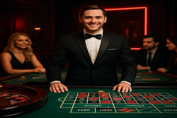 একজন পুরুষ অনলাইন গেমে জয়লাভের খুশি উদযাপন করছেন, চারপাশে খেলার প্রতীকগুলো ভাসছে